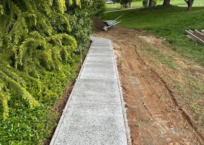 Freshly poured concrete path in a park, surrounded by grass and trees, with a wheelbarrow at the end.