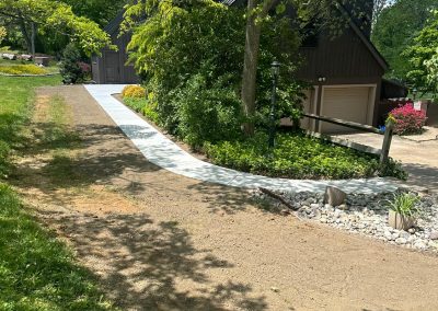 A tree-lined path leads to a house surrounded by greenery on a sunny day.