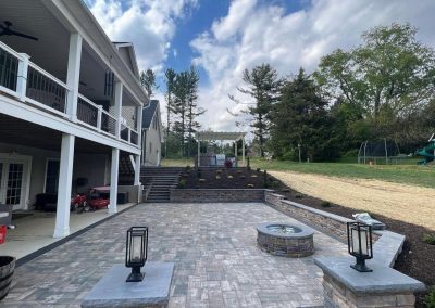 Spacious backyard with patio, fire pit, landscaped garden, and covered deck under a partly cloudy sky.