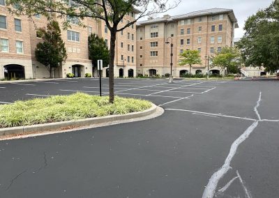Empty parking lot with freshly painted lines, surrounded by brick buildings and trees on an overcast day.