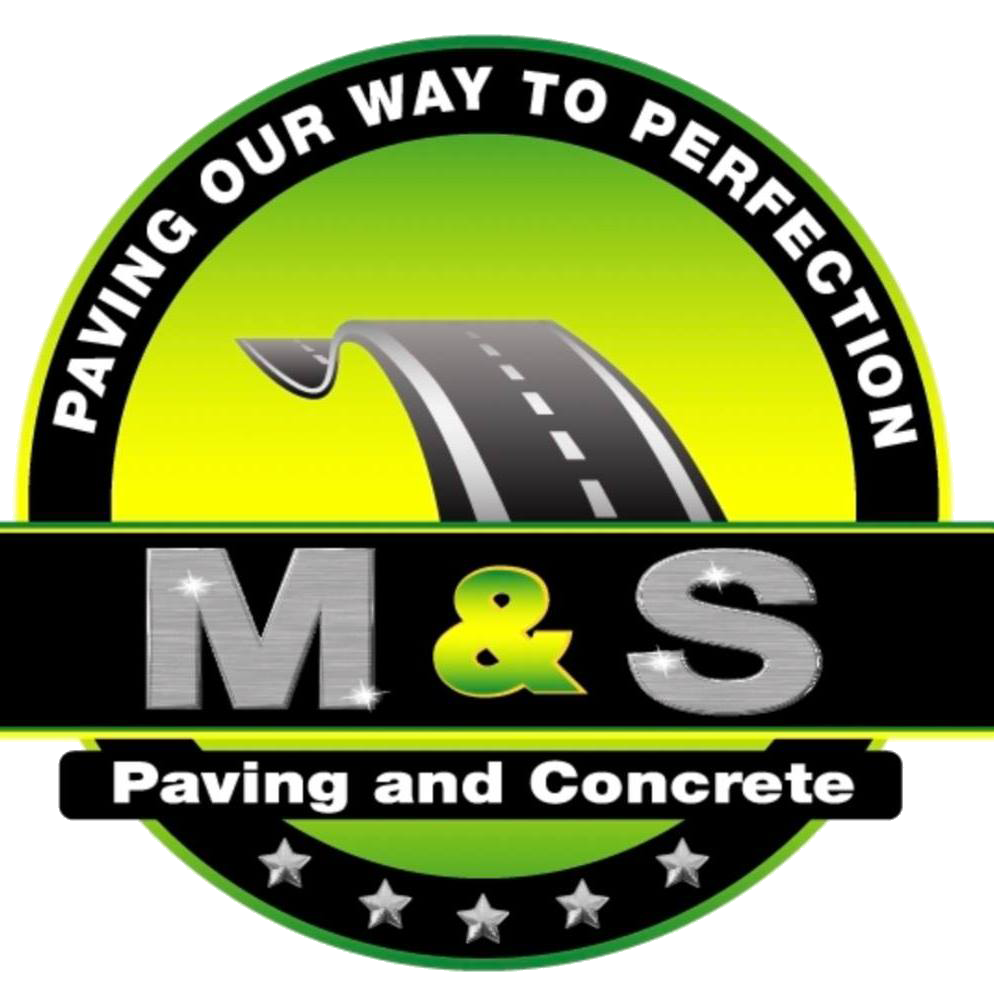 Logo of "M & S Paving and Concrete" with a road graphic and stars, surrounded by the text "Paving Our Way to Perfection".