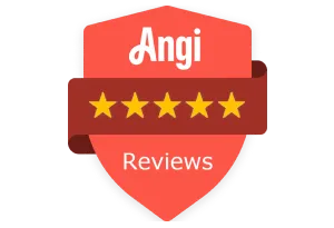 Red shield badge with "Angi," five yellow stars, and the word "Reviews" written below the stars.