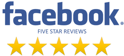 Facebook logo above five gold stars, indicating a five-star rating.
